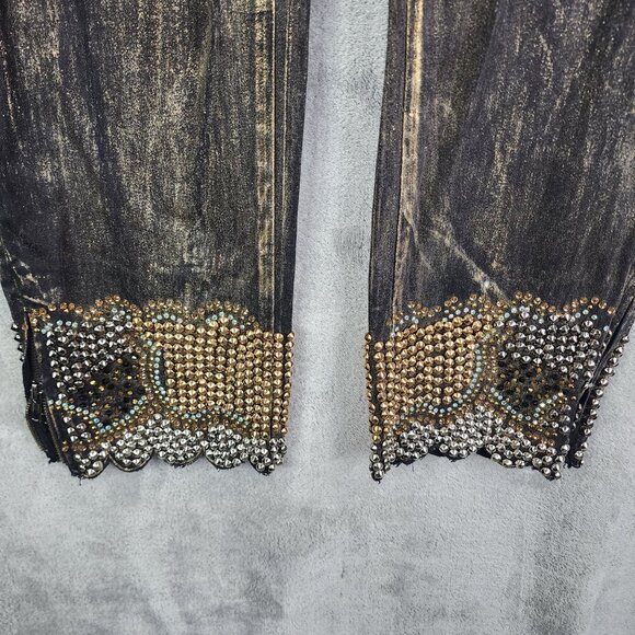 Womens Black Gold Luxe Moda Denim Jeans Rhinestone Embellished Side Zippers 12 - Picture 3 of 13